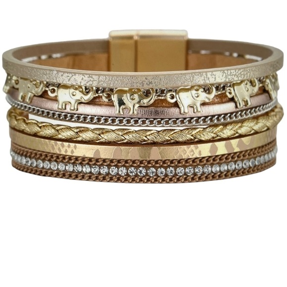 BoHo Golden Elephant Pendant Design Bracelet Multi Layer Leather Strap - Picture 2 of 7